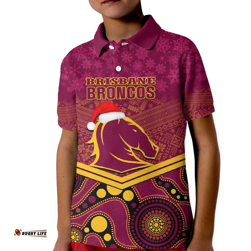 Custom Brisbane Broncos Rugby Christmas Kid Polo Shirt Merry XmasMix Aboriginal Art