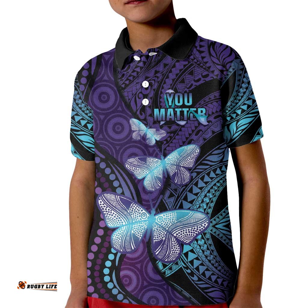 You Matter Suicide Prevention Awareness Kid Polo Shirt Butterfly Aboriginal Mix Polynesian Pattern