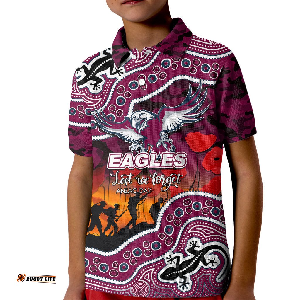 Custom Personalised Anzac Day NRL - Sea Eagles Kid Polo Shirt Aboriginal Lizard Patterns