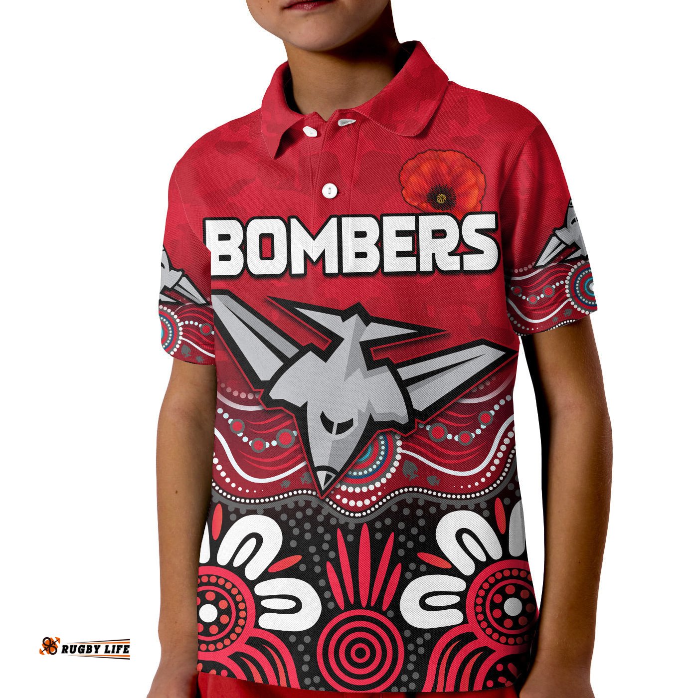 Bombers AnzacPolo Shirt KID Essendon Football Aboriginal Remember Them