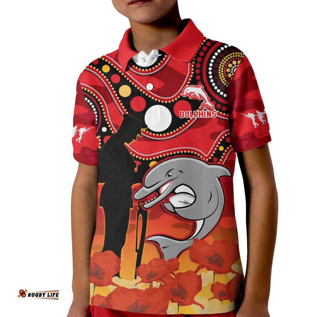 Custom Text And Number Dolphins Rugby ANZACPolo Shirt KID Lest We Forget