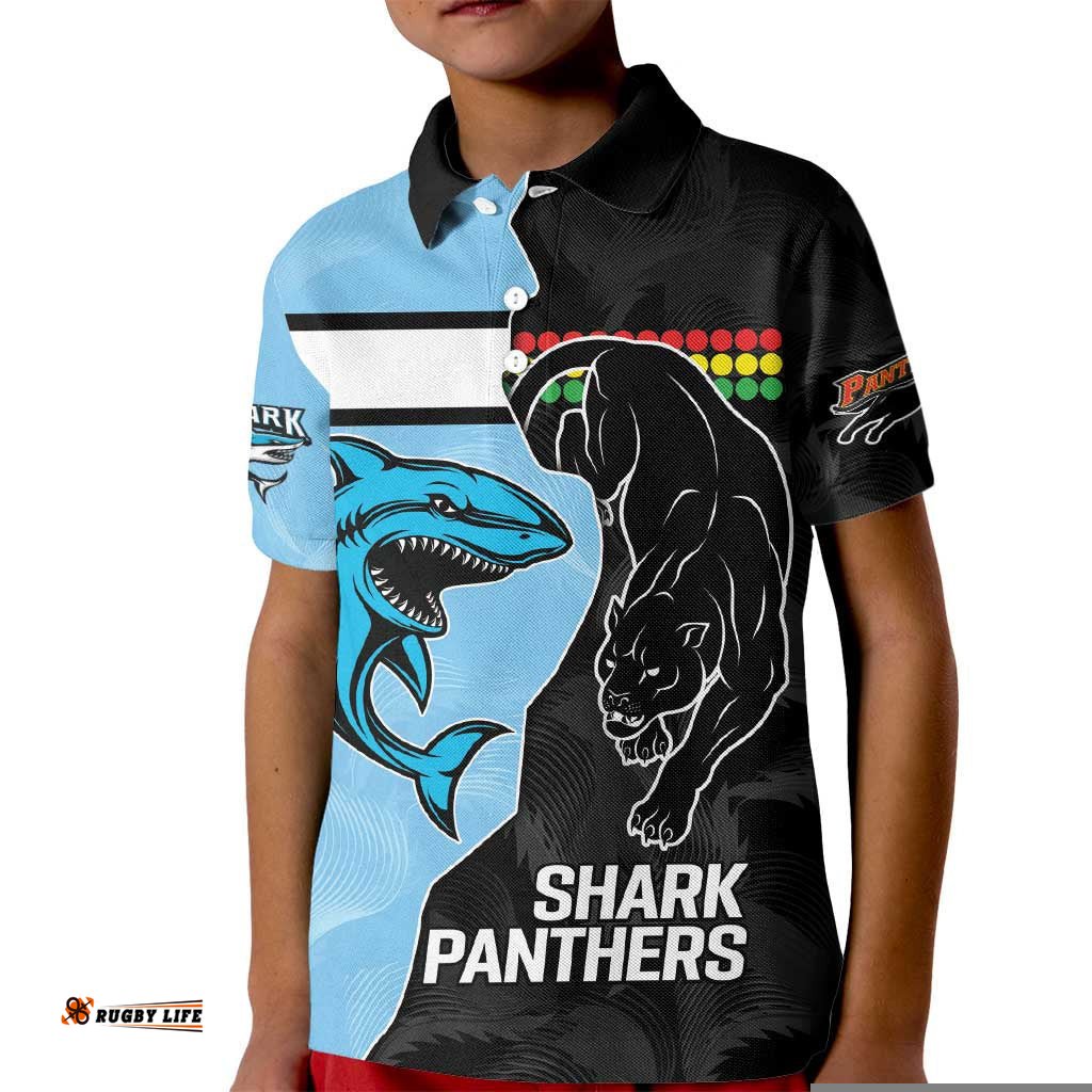NRL Panthers-Shark Mascot Custom Kid Polo Shirt Cracked Metal Style