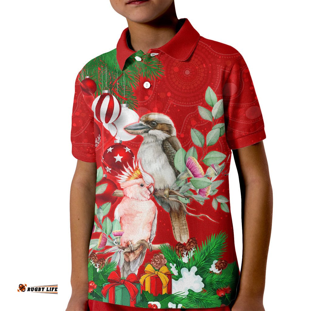 Personalised Kookaburra Lover Kid Polo Shirt Australia Merry Christmas Aboriginal Red Style