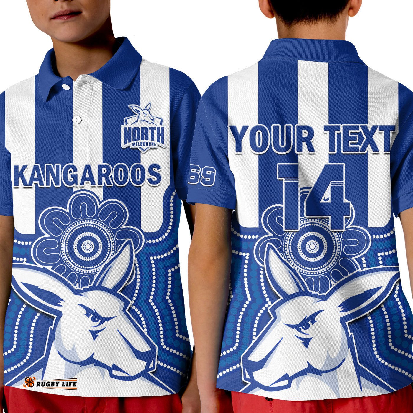 Custom Text And Number Melbourne Football Polo Shirt KID North Kangaroos 1869 Aboriginal Art