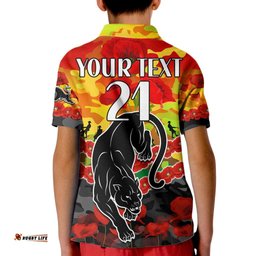 Custom Text And Number Panthers Rugby ANZAC Kid Polo Shirt Lest We Forget