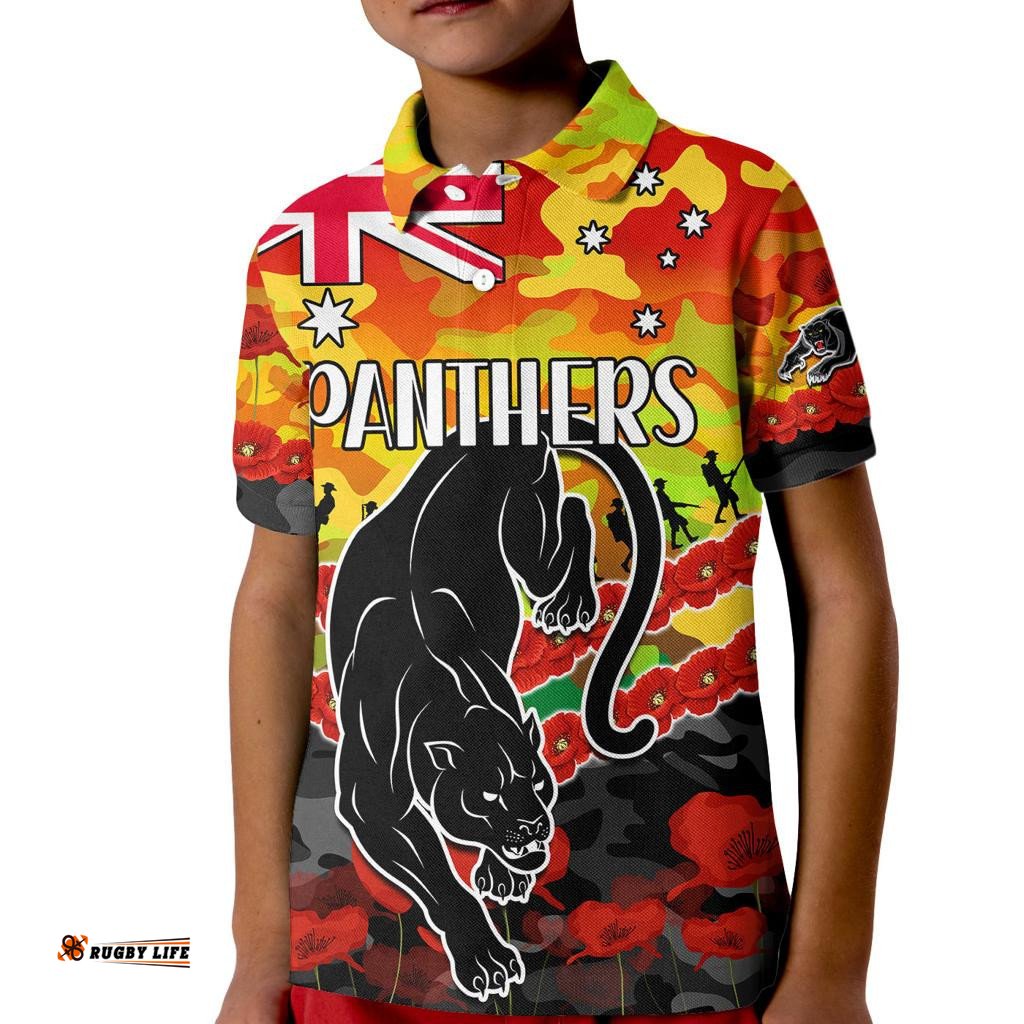 Custom Text And Number Panthers Rugby ANZAC Kid Polo Shirt Lest We Forget