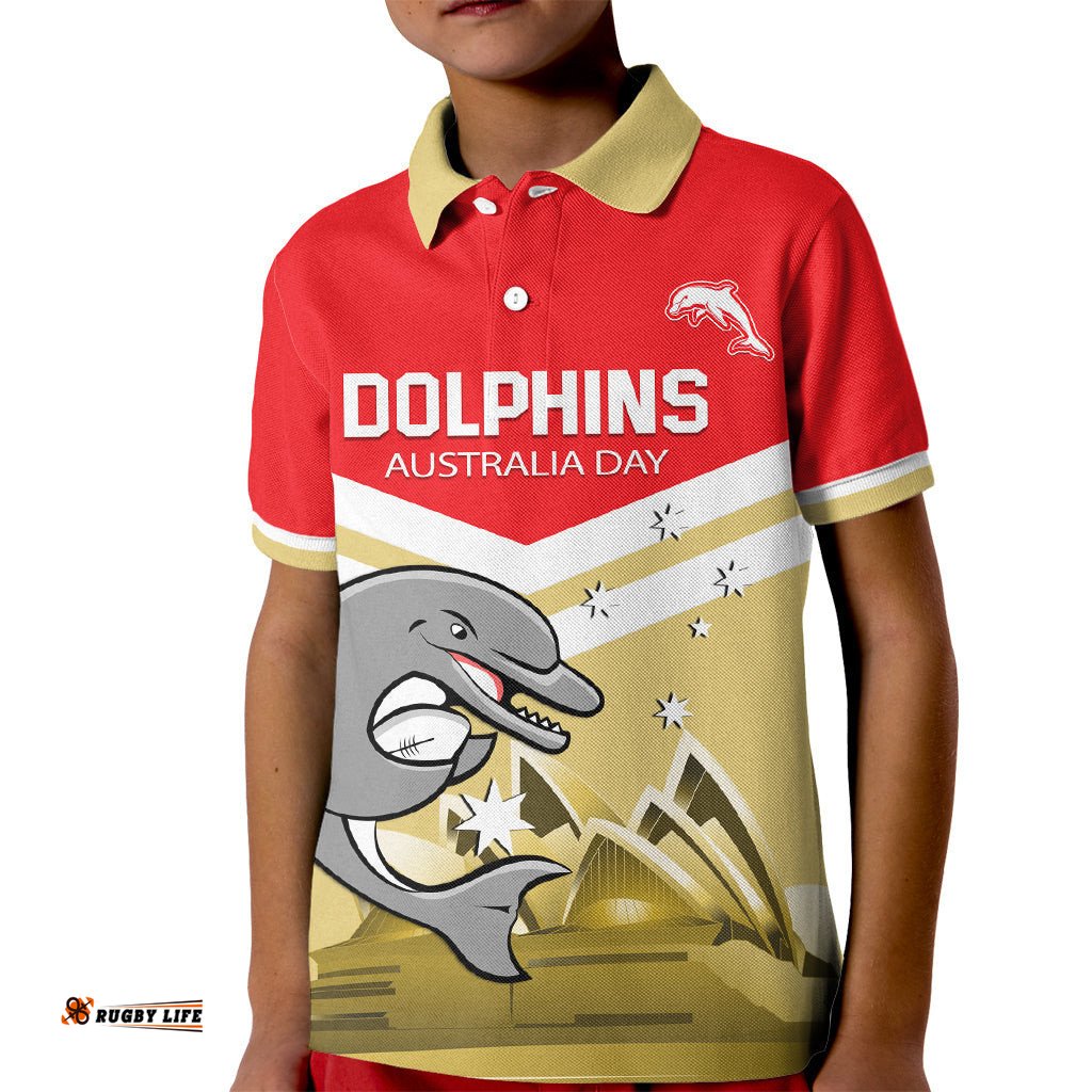 Custom Australia Day Dolphins Kid Polo Shirt NRL 2024 With Sydney Opera House