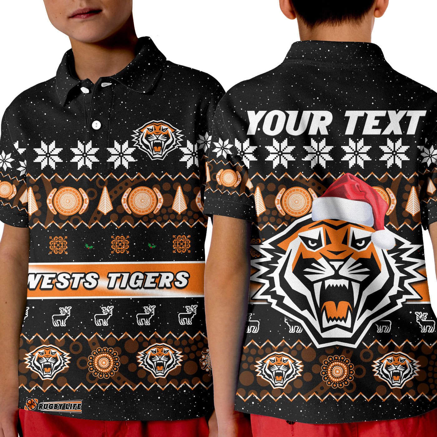 Custom Personalised Wests Tigers Christmas Polo Shirt KID Aboriginal Art Merry Xmas