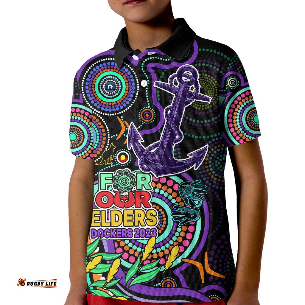 Dockers Football Aboriginal Art Kid Polo Shirt NAIDOC Indigenous Tribal
