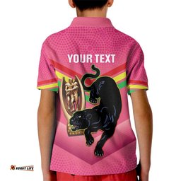 Personalised Panthers Rugby 2024 Kid Polo Shirt Mascot With Trophy Go Champions Aboriginal Art - Pink