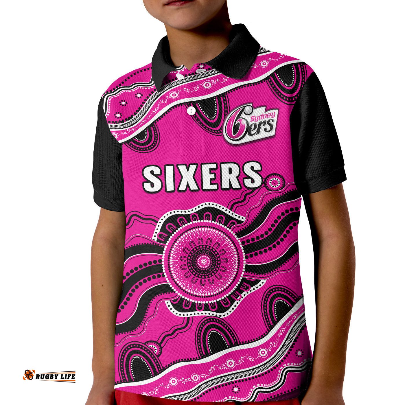 Custom Text And Number Sixers Cricket Polo Shirt KID Sydney Aboriginal Painting
