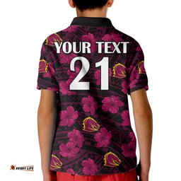 Custom Text And Number Broncos Rugby Kid Polo Shirt Polynesian Style With Hibiscus
