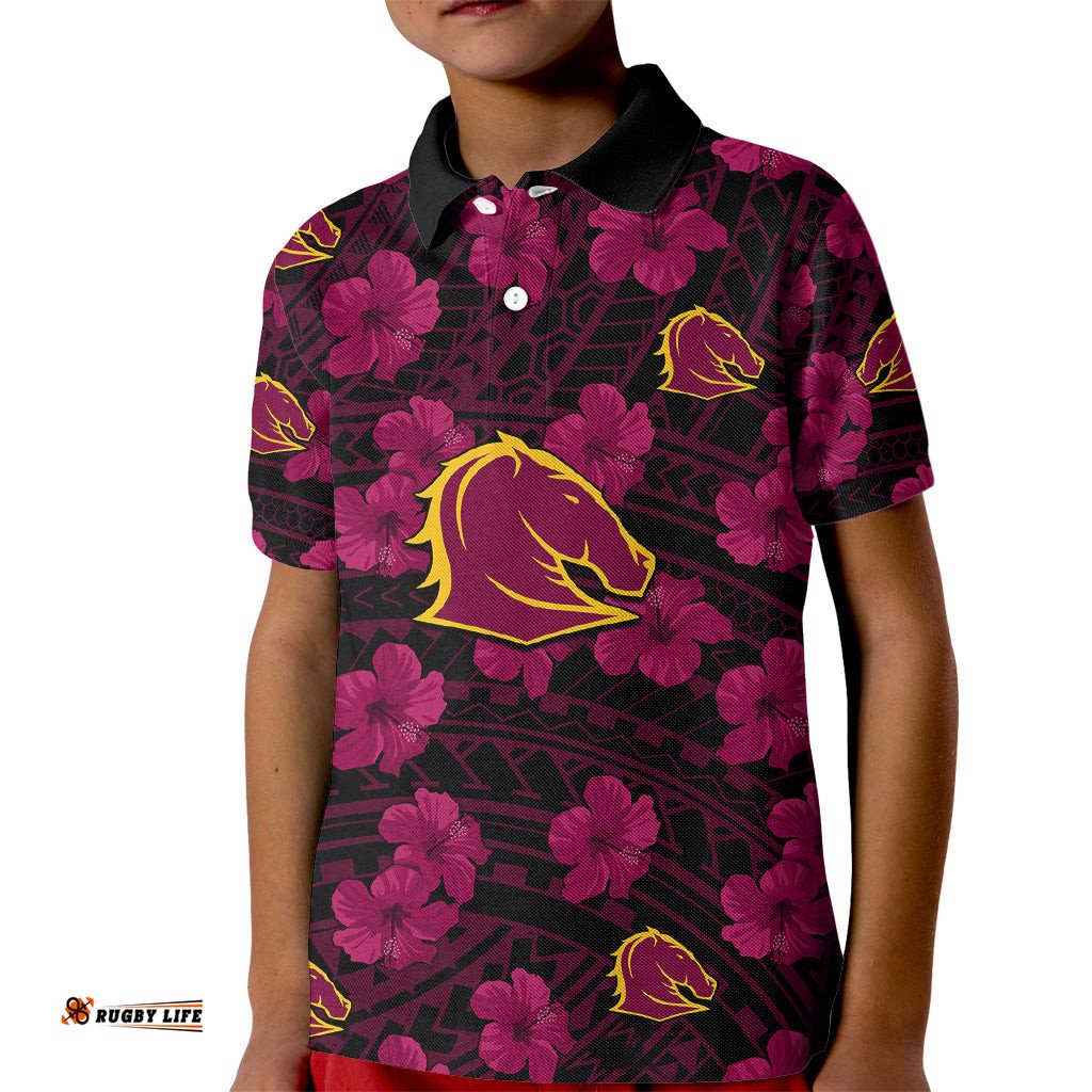 Custom Text And Number Broncos Rugby Kid Polo Shirt Polynesian Style With Hibiscus