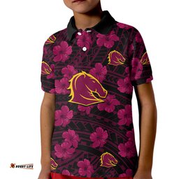 Custom Text And Number Broncos Rugby Kid Polo Shirt Polynesian Style With Hibiscus