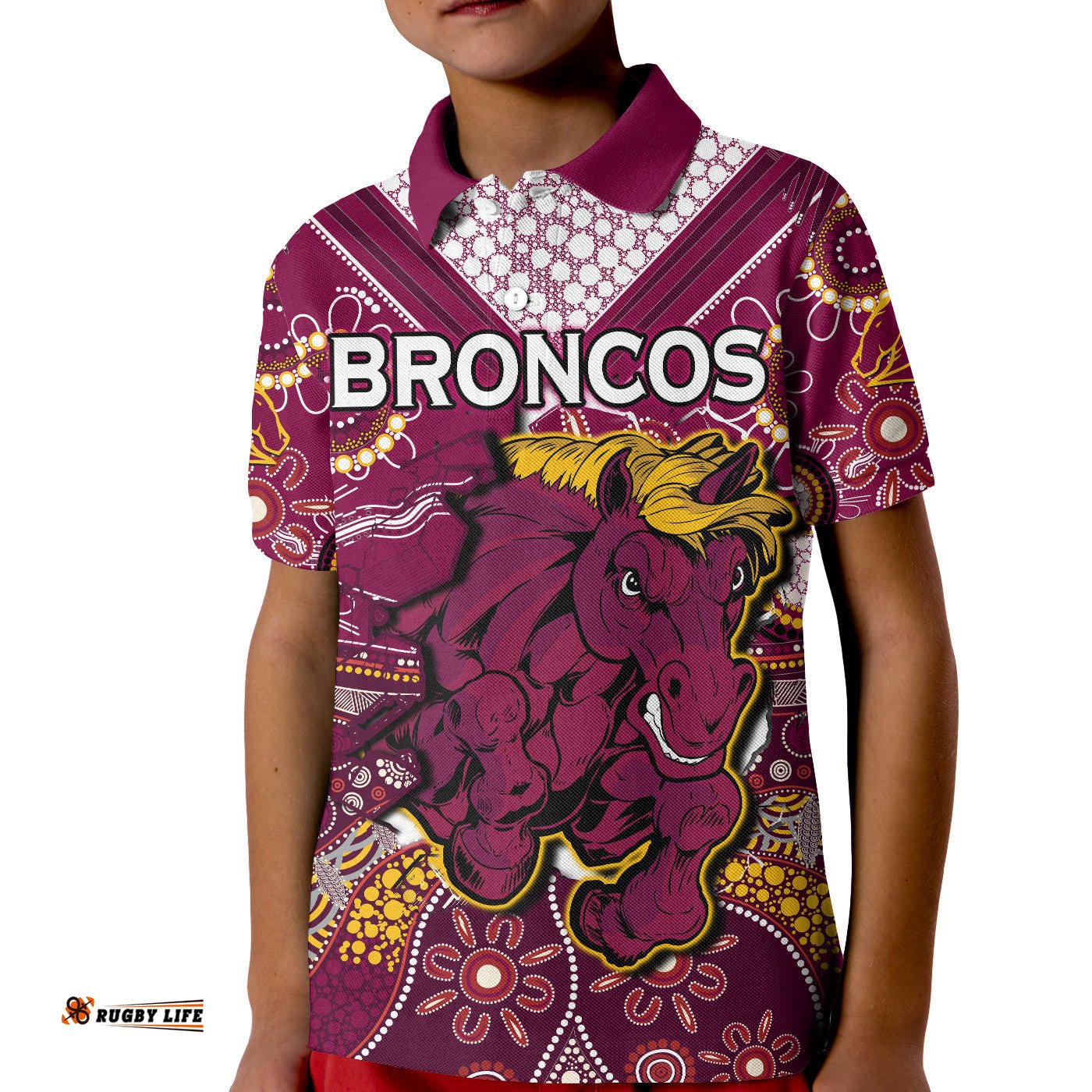 Broncos Rugby Polo Shirt KID Indigenous Pattern Artsy Ver.01