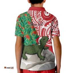 Personalised New Zealand Tuatara Christmas Kid Polo Shirt Meri Kirihimete Aotearoa Maori Mix Pohutukawa