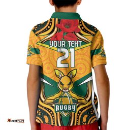 Australia Wallabies Rugby ANZAC Custom Kid Polo Shirt Poppy Soldier With Aboriginal Dots Art