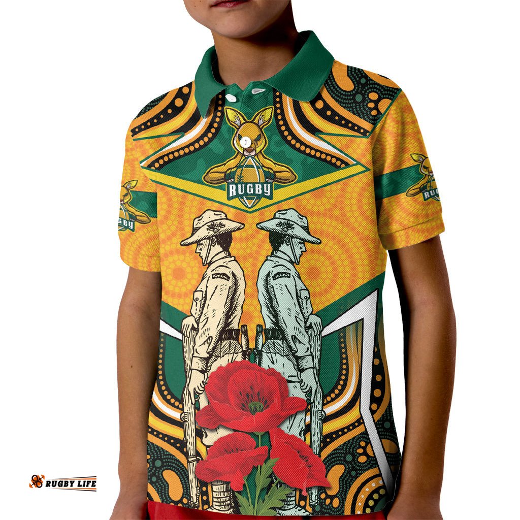 Australia Wallabies Rugby ANZAC Custom Kid Polo Shirt Poppy Soldier With Aboriginal Dots Art