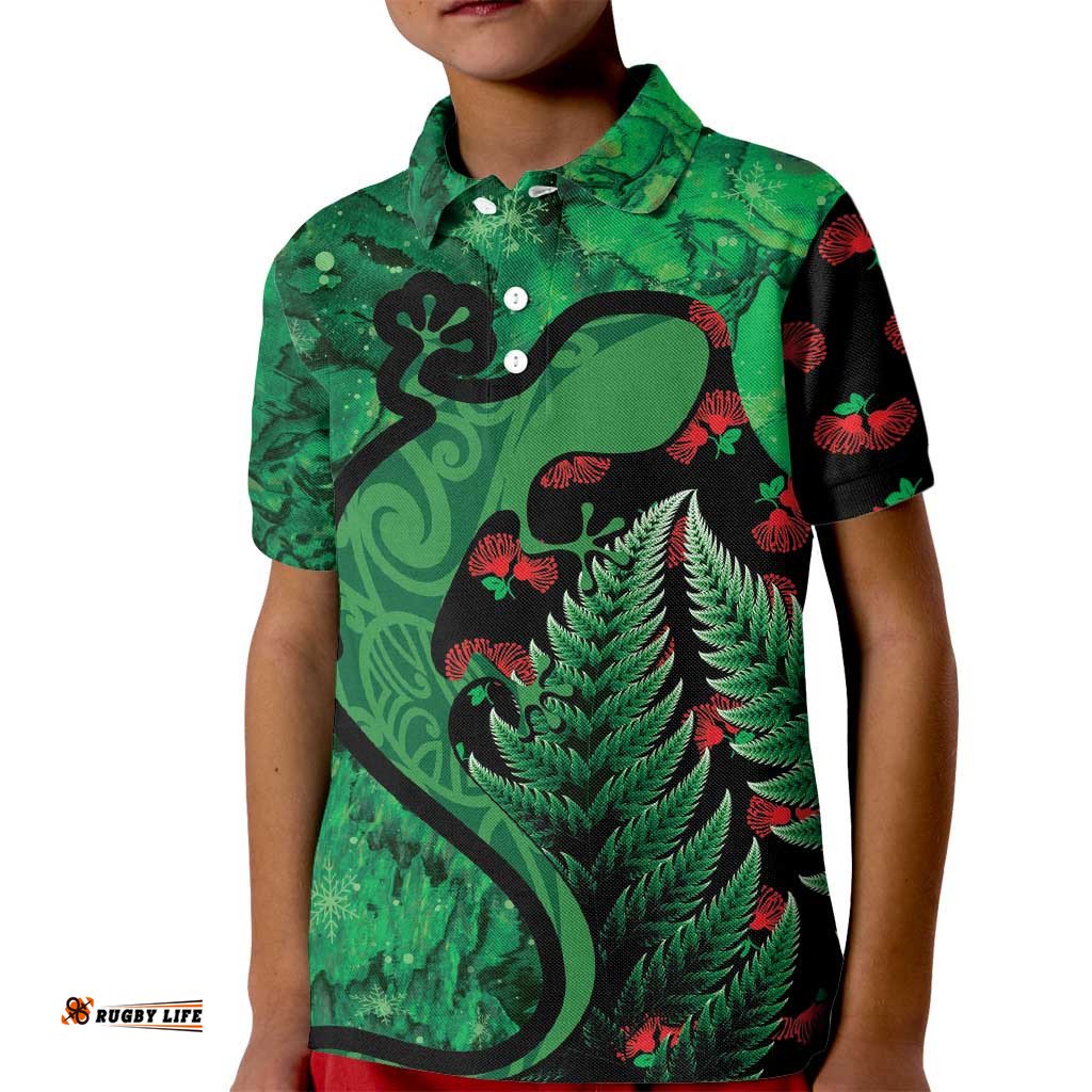 New Zealand Gecko Christmas Kid Polo Shirt Meri Kirihimete Paua Shell Mix Pohutukawa