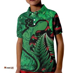 New Zealand Gecko Christmas Kid Polo Shirt Meri Kirihimete Paua Shell Mix Pohutukawa