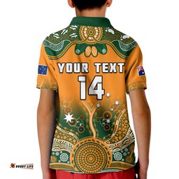 Custom Text And Number Australia Rugby Polo Shirt KID Wallabies Kangaroo Orange Aboriginal