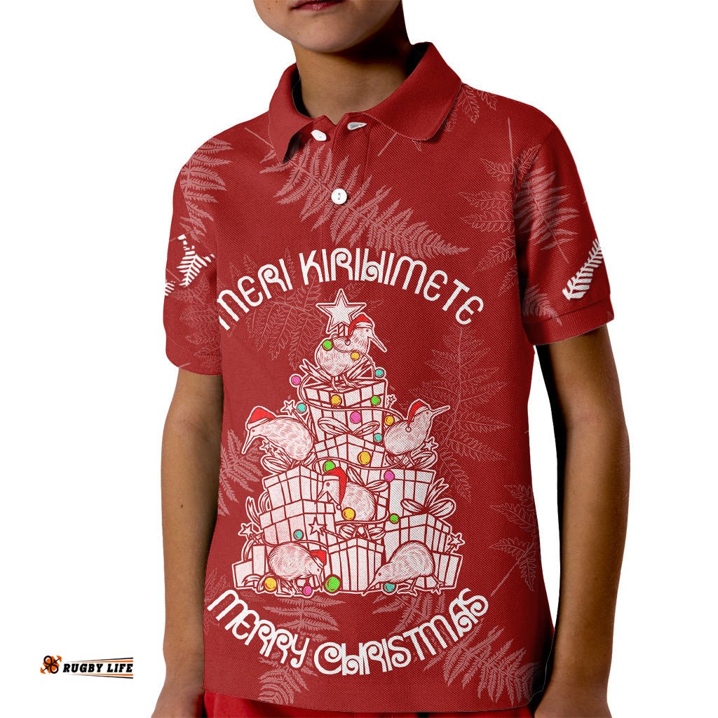 New Zealand Christmas Kid Polo Shirt Silver Fern Mix Kiwi Bird Ver02