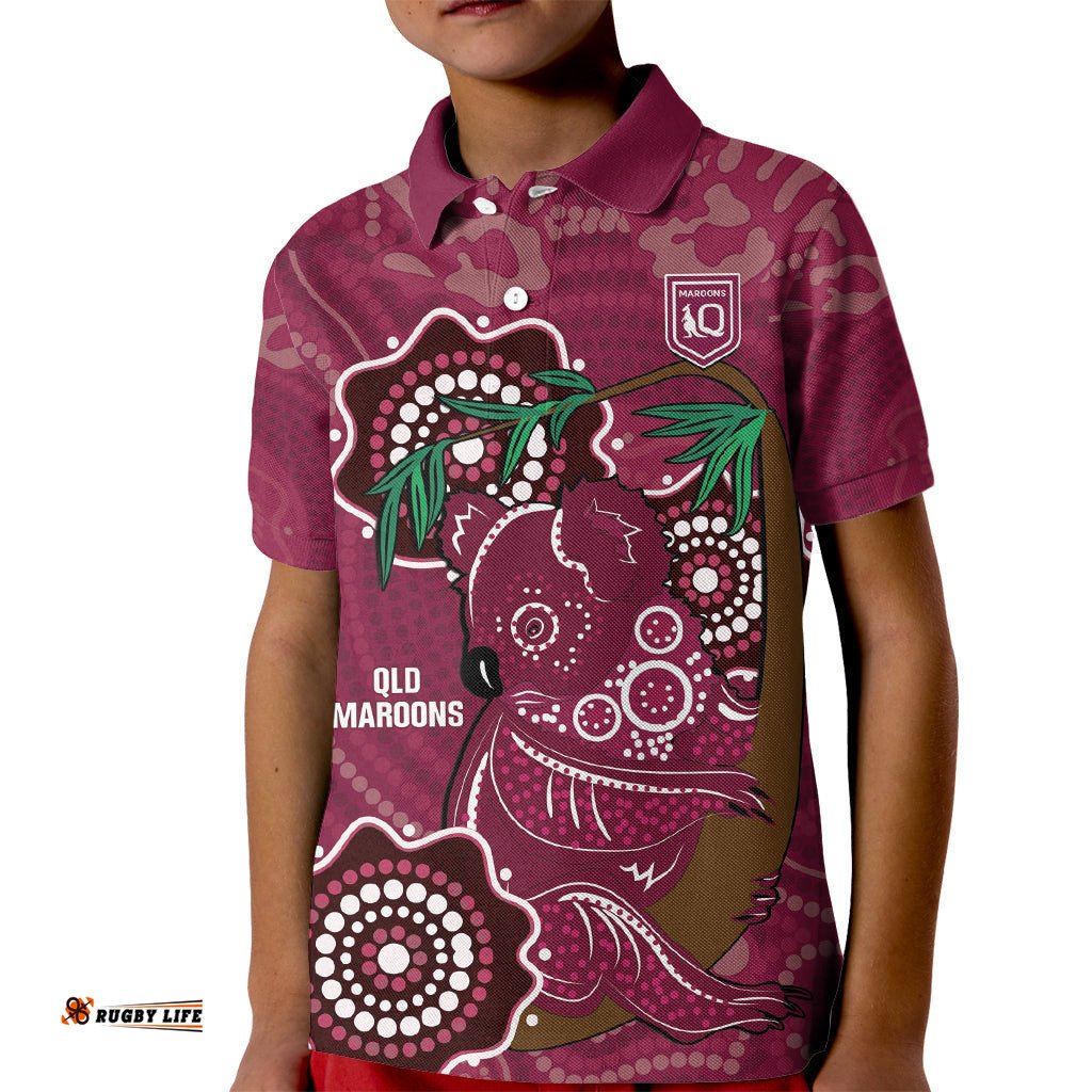 Custom Queensland Maroons Rugby Kid Polo Shirt 2024 Koala Mix Aboriginal Art