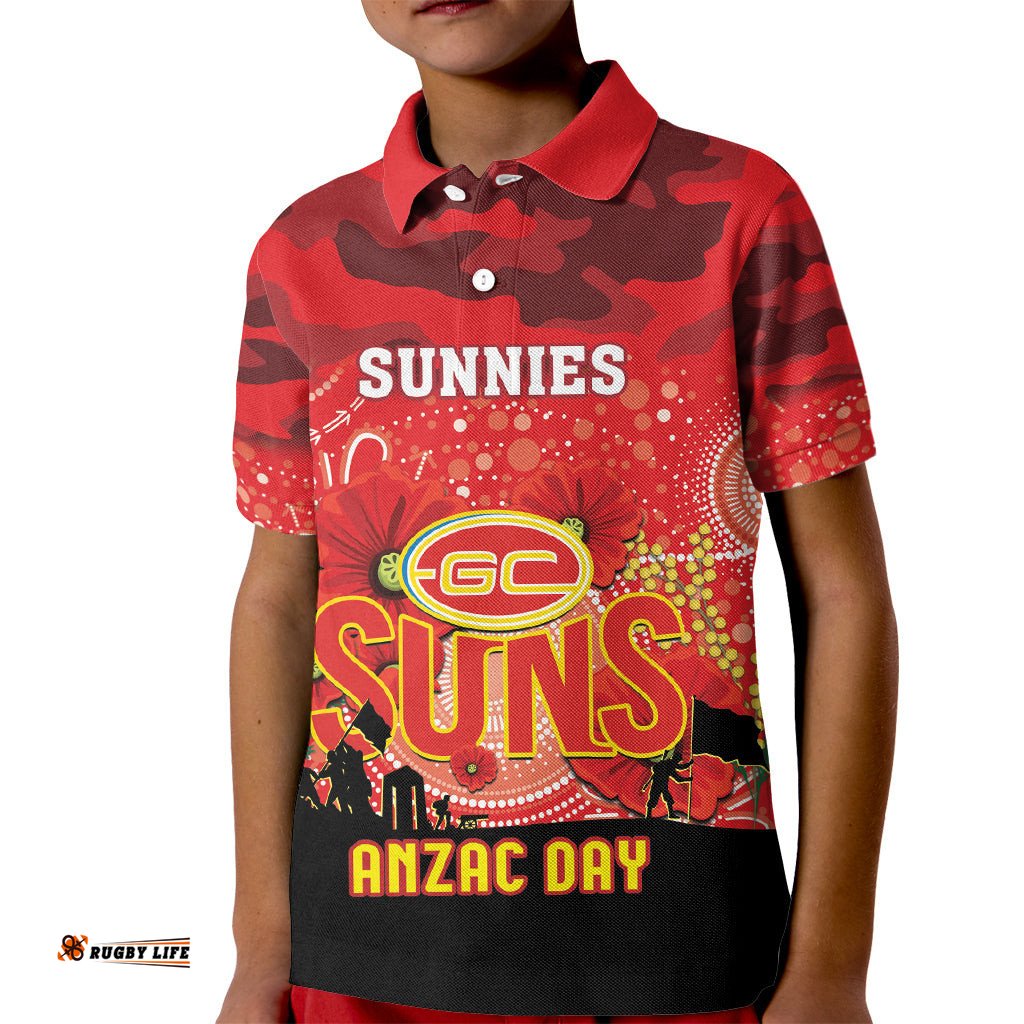 Custom Suns Football ANZAC Kid Polo Shirt Gallipoli Camouflage With Poppies