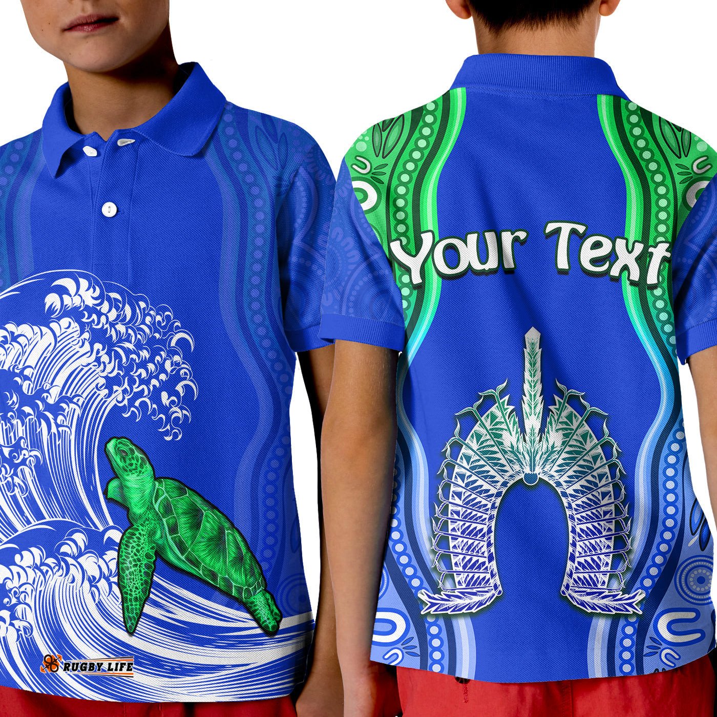 Custom Personalised Torres Strait Islands Polo Shirt KID The Dhari Mix Aboriginal Turtle Version Blue
