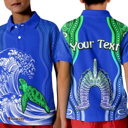 Custom Personalised Torres Strait Islands Polo Shirt KID The Dhari Mix Aboriginal Turtle Version Blue