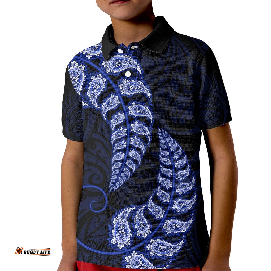Blue New Zealand Paisley Silver Fern Kid Polo Shirt Aotearoa Maori
