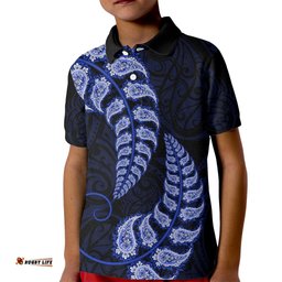Blue New Zealand Paisley Silver Fern Kid Polo Shirt Aotearoa Maori