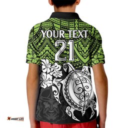 Custom Raiders Rugby Kid Polo Shirt Canberra Hibiscus and Turtle With Polynesian Pattern