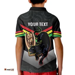Personalised Panthers Rugby 2024 Kid Polo Shirt Mascot With Trophy Go Champions Aboriginal Art