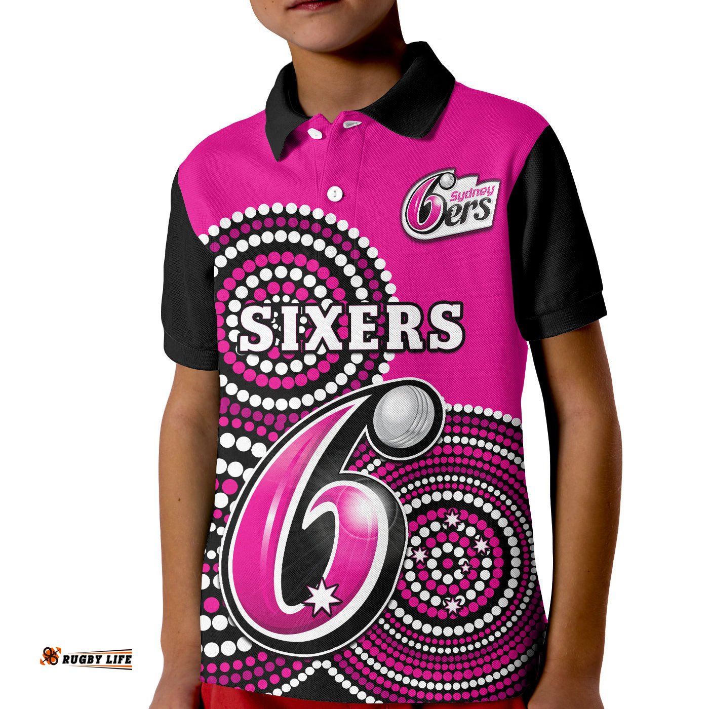 Sydney Sixers Cricket Polo Shirt KID Champions BBL12 Proud Indigenous Art