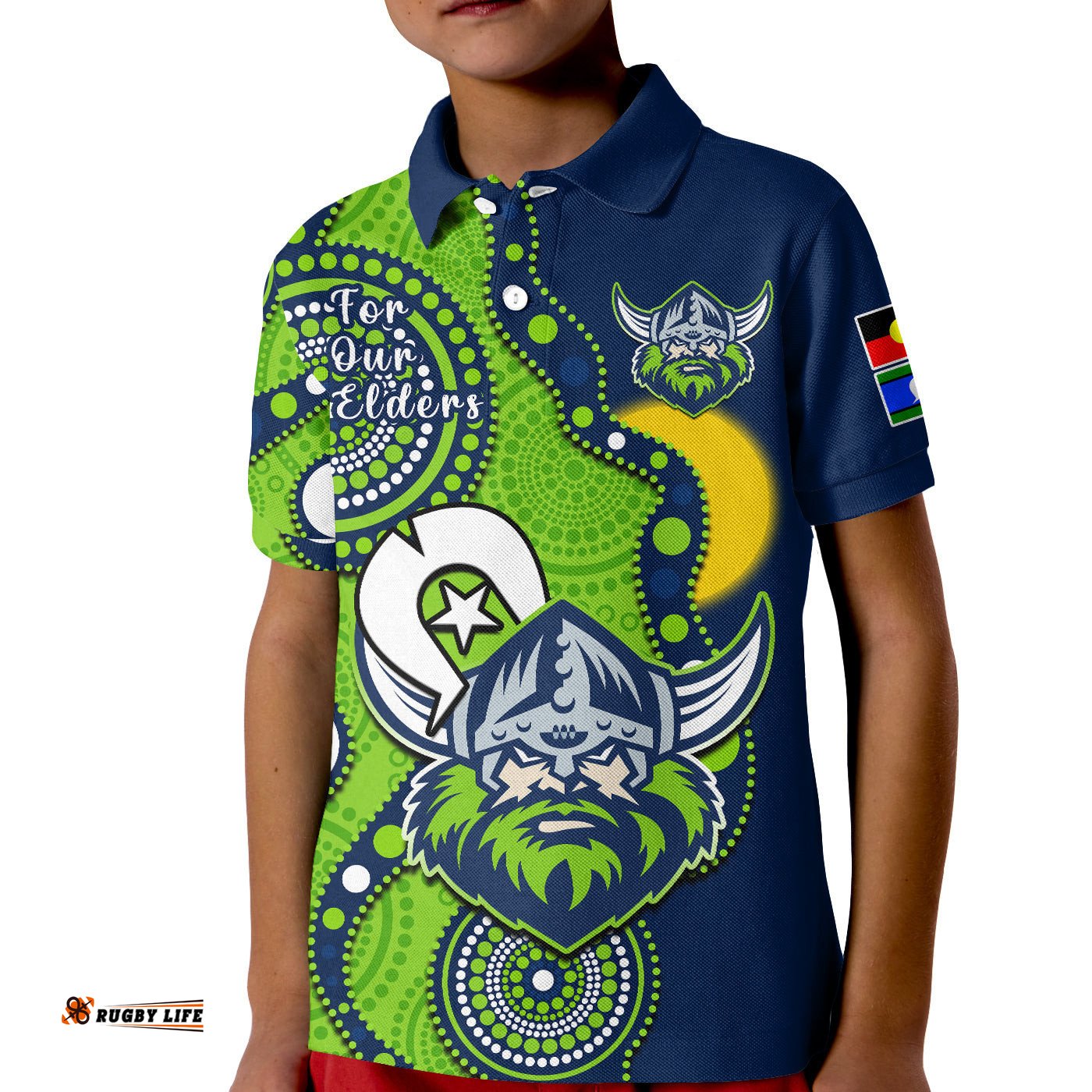 Raiders Rugby NAIDOCPolo Shirt KID Canberra For Our Elders Indigenous Art