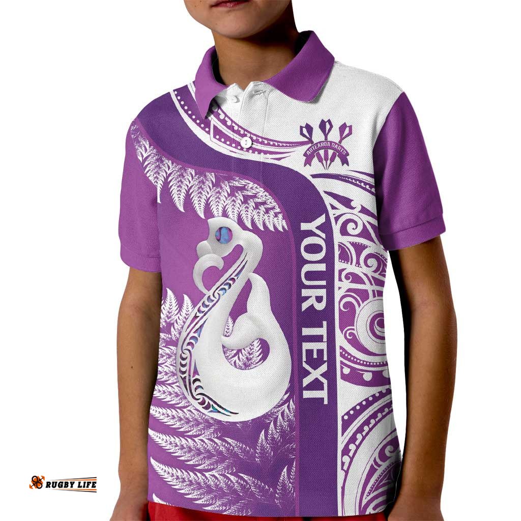 Personalised New Zealand Darts Kid Polo Shirt Aotearoa Fern Mix Paua Shell Manaia - Purple