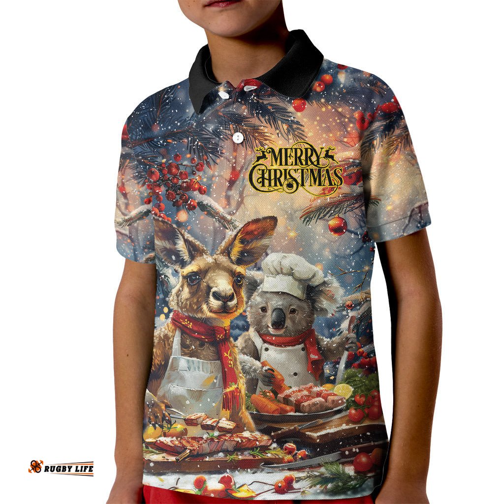 Personalised Aussie Christmas Kangaroo and Koala Kid Polo Shirt