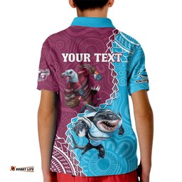 Personalised Eagles And Sharks Rugby Kid Polo Shirt Aboriginal Mix Polynesian Pattern