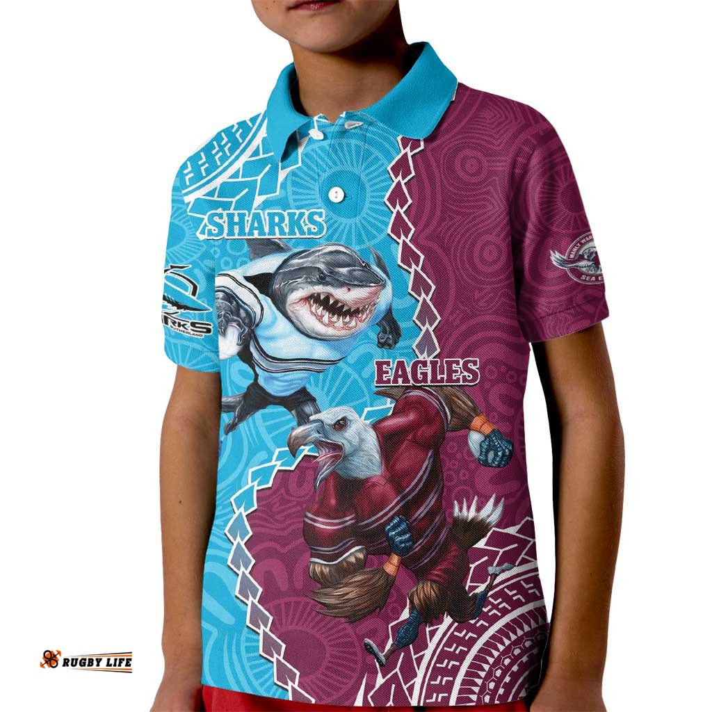 Personalised Eagles And Sharks Rugby Kid Polo Shirt Aboriginal Mix Polynesian Pattern