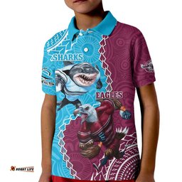 Personalised Eagles And Sharks Rugby Kid Polo Shirt Aboriginal Mix Polynesian Pattern