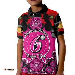 Sydney Sixers ANZAC 2024 Kid Polo Shirt Lest We Forget Poppy Mix Camouflage