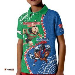 Personalised Rabbitohs And Knights Rugby Kid Polo Shirt Aboriginal Mix Polynesian Pattern