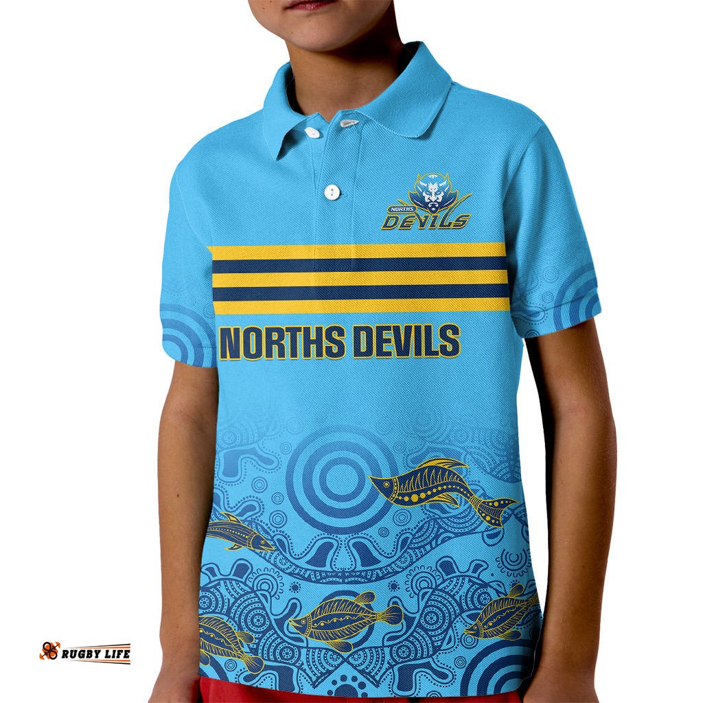 Personalised Australia Rugby Kid Polo Shirt Norths Devils Indigenous Art