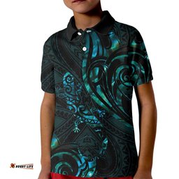 New Zealand Skink Kid Polo Shirt Aotearoa Maori Mix Paua Shell