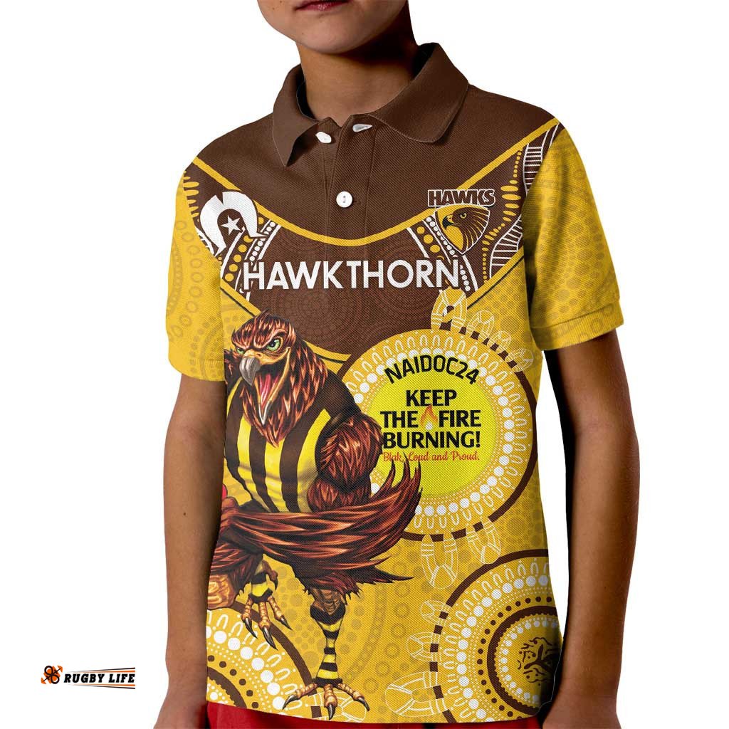 Custom AFL Hawkthorn NAIDOC Week Kid Polo Shirt Keep The Fire Burning Indigenous Art
