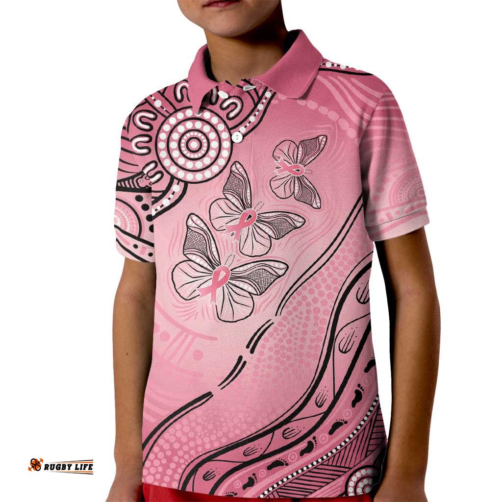 Pink Aboriginal Butterfly Ribbon Cancer Kid Polo Shirt