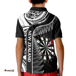Personalised New Zealand Darts Kid Polo Shirt Aotearoa Fern Mix Paua Shell Manaia - Black