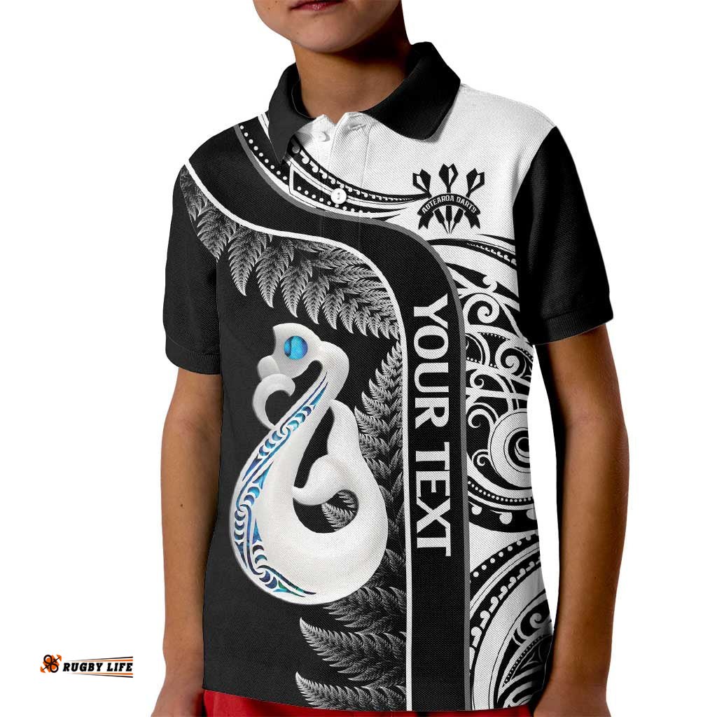 Personalised New Zealand Darts Kid Polo Shirt Aotearoa Fern Mix Paua Shell Manaia - Black