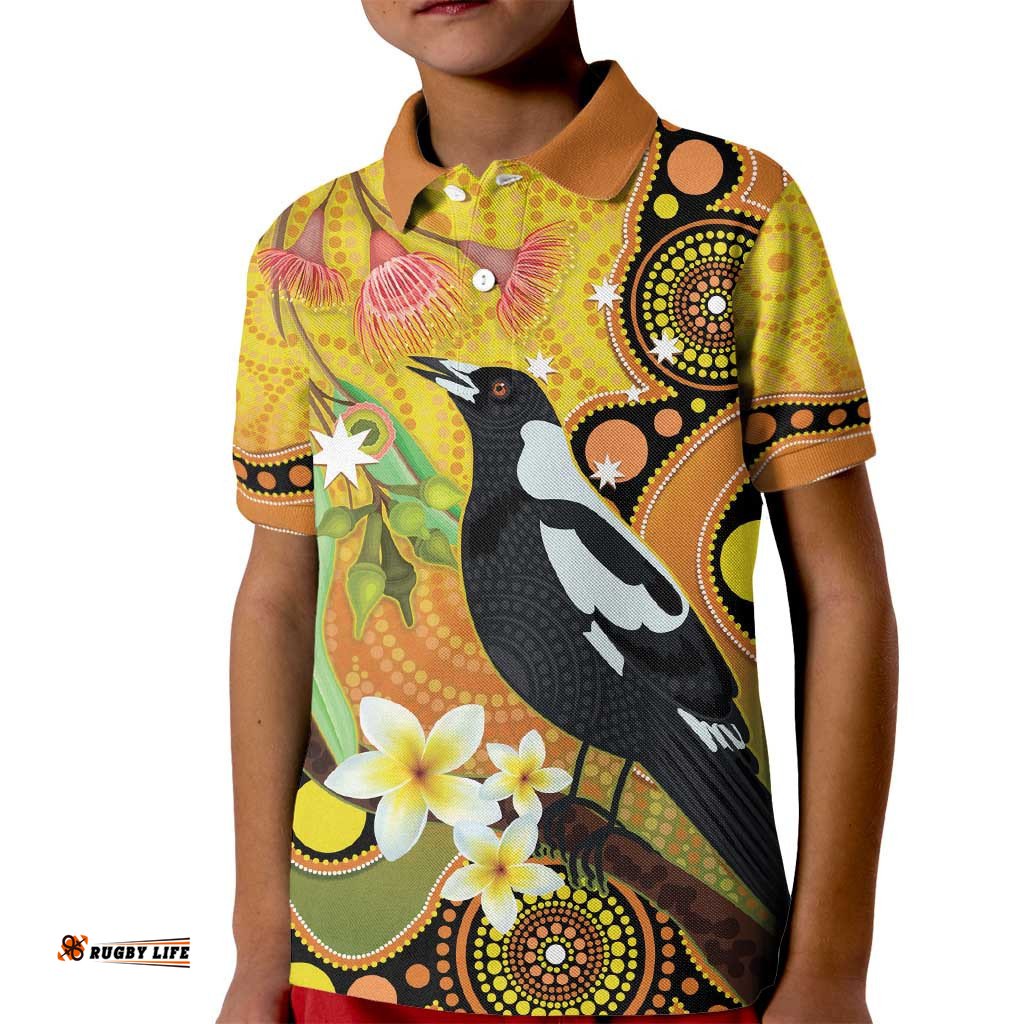 Australia Eucalyptus Flower And Magpie Kid Polo Shirt Aboriginal Art